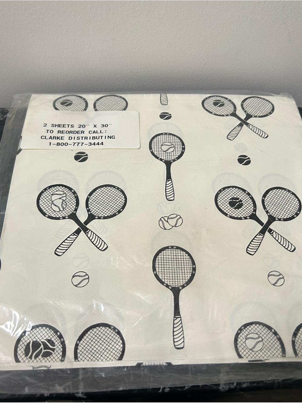 Tennis Racket Printed Gift Wrap 2 Sheets Black White Sport Tennis Ball Match